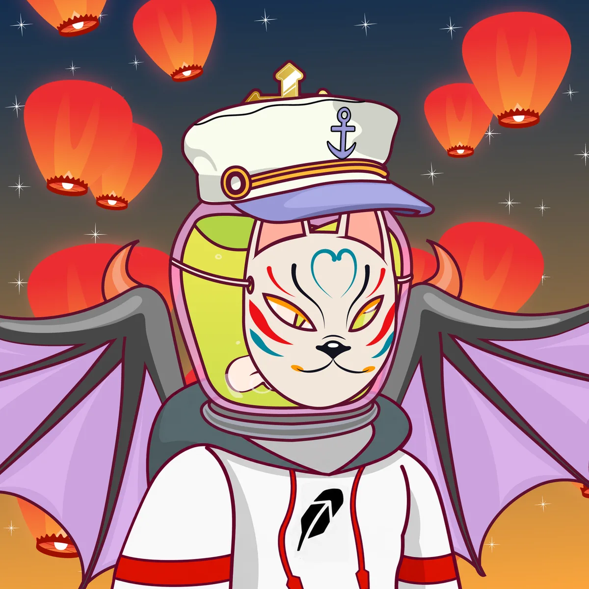 HOODLER #0019: a fox mask over a corked glass dome full of green liquid, dragon-purple wings, sailor cap on top, floating sky lanterns behind.