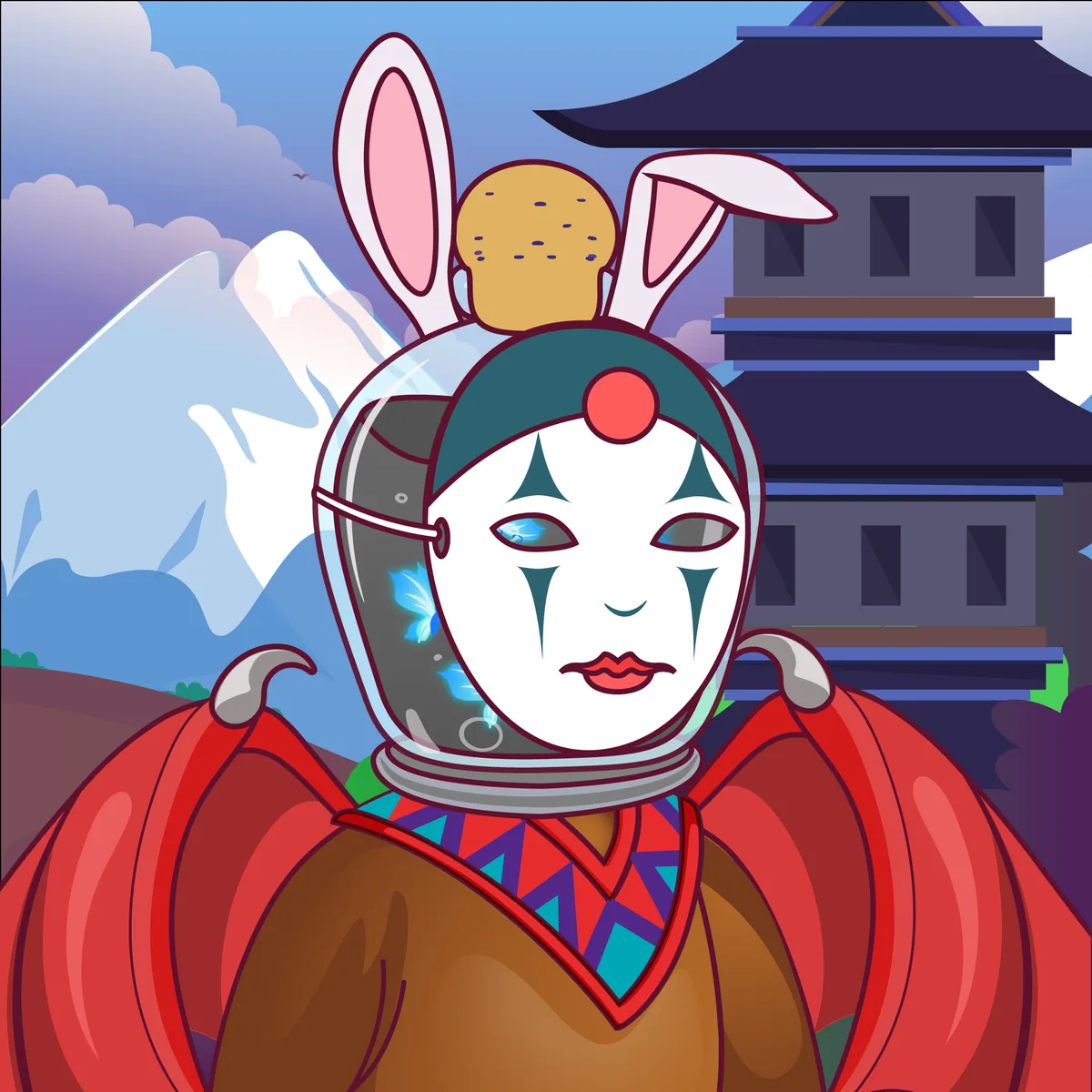 HOODLER #0027: a white geisha mask inside a corked glass dome with blue butterflies drifting through the liquid, rabbit ears on top, red kimono, standing before a pagoda and Mt. Fuji.