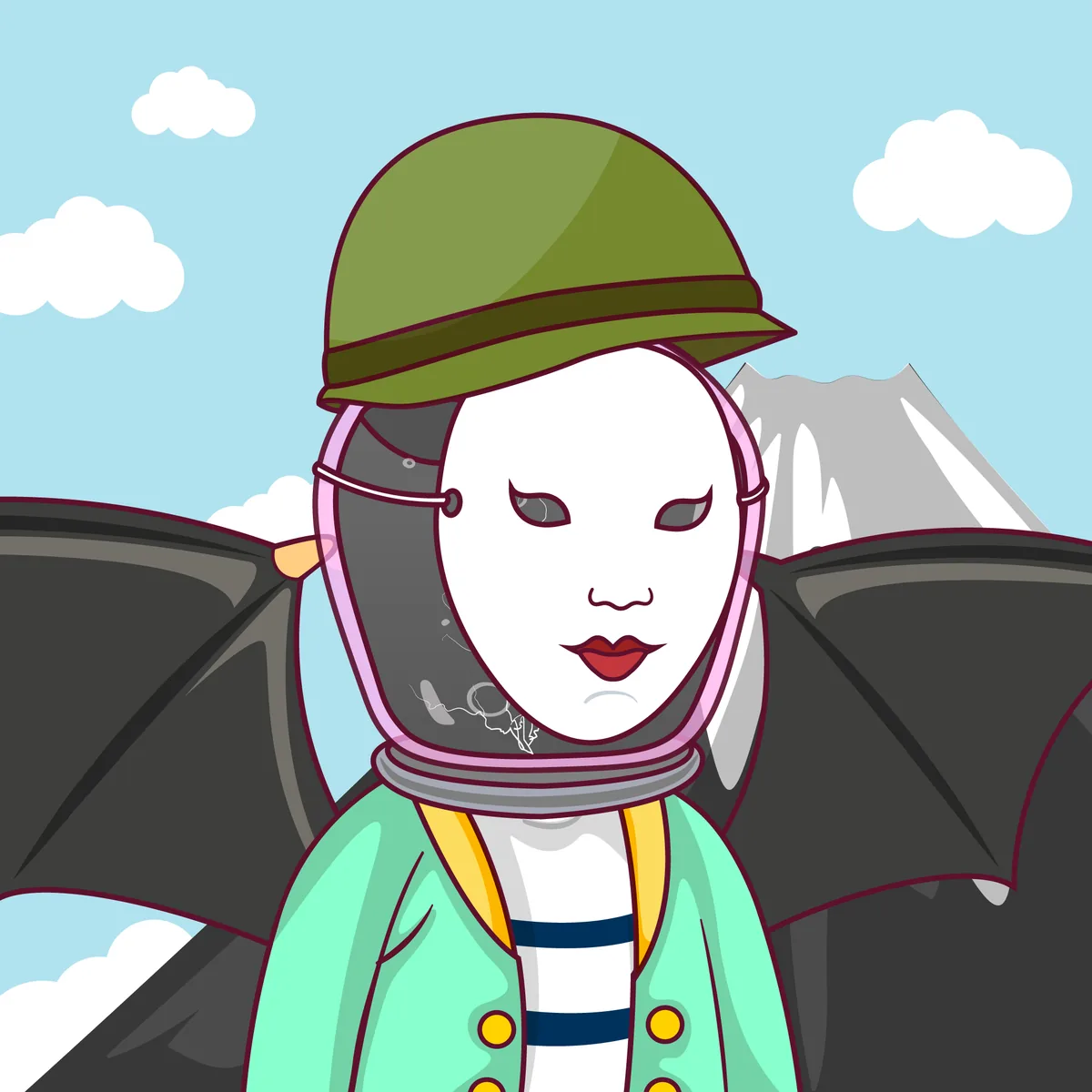 HOODLER #0003: a Noh-masked figure in a mint-green jacket, wearing an olive helmet over a corked glass dome full of black liquid, bat wings spread against a Mt. Fuji sky.