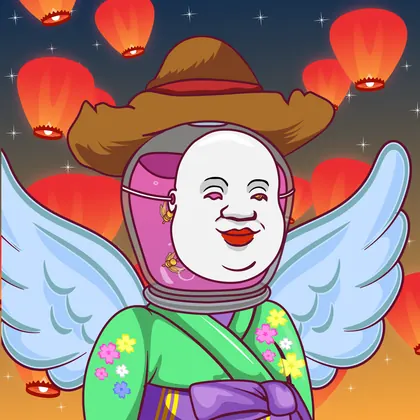 HOODLER #0018: Farmers Hat headwear, Okame face, Yukata costume, Angel Wings wings against Lantern