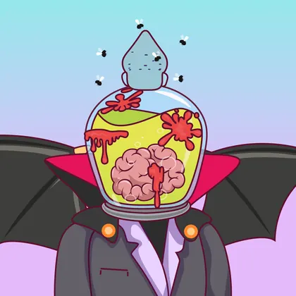 HOODLER #0023: Flies headwear, Red Ink face, Dracular costume, Bat Wings wings against Blue