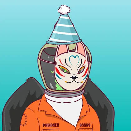 HOODLER #0029: Birthday Hat headwear, Cat Mask2 face, Prisoner costume, Crawl Wings wings against Cyan