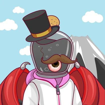 HOODLER #0004: Magic Hat headwear, Mustache face, White Hoodie costume, Devil Wings wings against Fuji